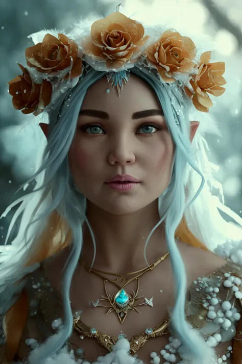 This is a realistic fantasy artwork set in a sub-zero winter landscape. Generate an chubby, graceful (((Pocahontas))) elf in a magical world of stunning golden roses with multiple colors and sparkling ice glistening in the light. Her face is elegant and mi...