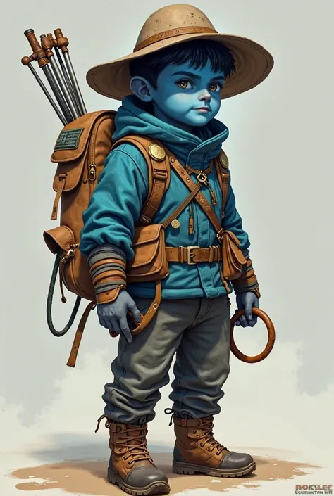 Young blue skinned boy, dressed in explorer clothes, He wore a hat that gave him a mysterious air..Your clothing, designed for mobility, It fit his body like a second skin.  behind his back, a backpack carrying a handcrafted crossbow. At his waist, A pair ...