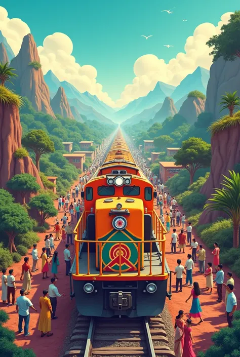 Animated Indian railway advertisement poster with bright bold and colourful 