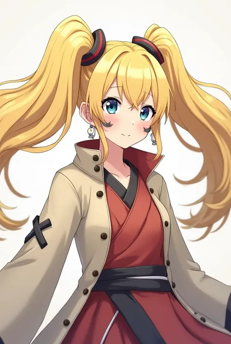 Naruto character with long blonde hair with two pigtails hairstyle, with wind chimes as earrings. Dressed as a ninja with a mustache on her cheek 