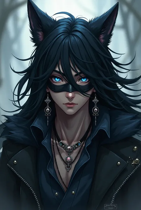 Solo, Long Hair, Blue eyes, Wolf Ears, dark skin ,man
Earrings, Jewelry, blackMask, Anime Style, 