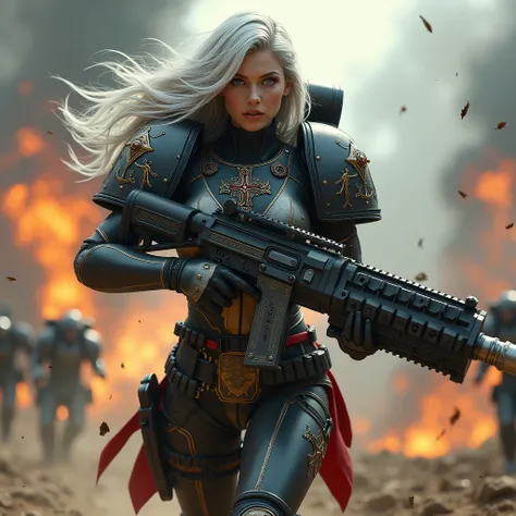 beautiful woman with long silver-platinum hair to her shoulders, porcelain skin, icy blue eyes, sexy Sisters of Battle from the Warhammer 40k, shoots at the enemy, black and red space marine armor with intricate details, religious symbols on armor,highly d...