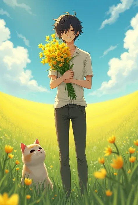 Generate an image of a tall skinny emo guy with fair skin and loose hair covering his face up to his nose covering his face smiling while holding a bouquet of yellow flowers in a beautiful sunny field with a fat cat 