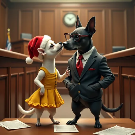 A realistic image of a white Chihuahua dog standing upright on two legs in a well-lit courtroom. The Chihuahua is wearing a Santa hat and a bright yellow dress, and is leaning slightly forward as if whispering something secretively to a black American Bull...