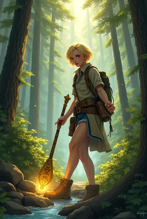 details. quality. blonde woman with short hair and blue eyes in explorer outfit walking in the middle of a forest with tall trees and a river finds a golden staff with 999 written on it