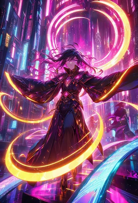 Young mage stands confidently, holding a large, ancient tome filled with the secrets and rituals of the eldritch gods. Flowing, dark robes embroidered with glowing runes and mystical symbols that shift and pulse in vibrant glowwave colors—neon pink, electr...