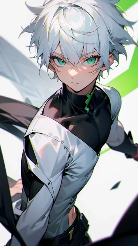 Male character with green eyes,white hair, short hair, black clothes shine, 