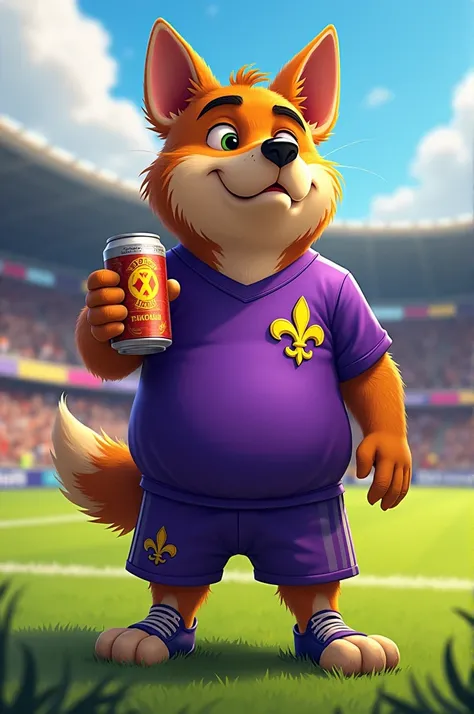 Stray dog soccer mascot fat dog with purple shirt with golden fleur de lis on the left side of the chest and drinking beer 