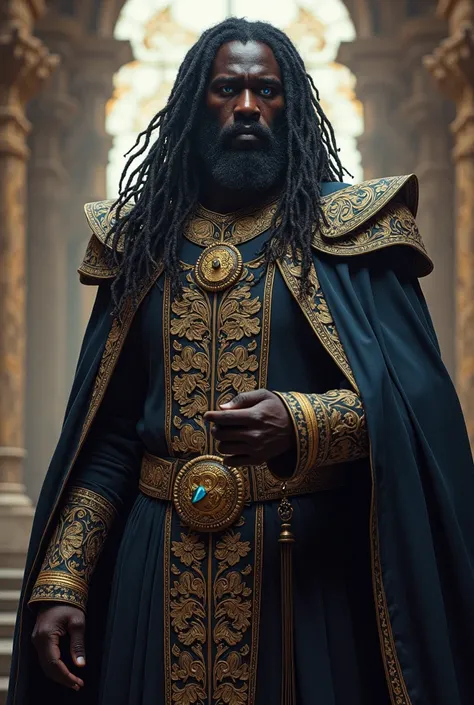 black man blue eyes medieval royalty no armor long rasta hair imposing 