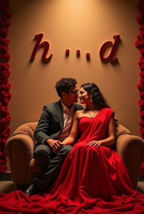 Couples sitting a chair, Red dress saree. Wall name texted H . D