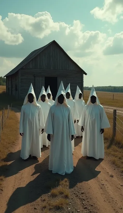 A small, modern-day Klan gathering in a remote rural area, with a handful of hooded members holding a quiet meeting, the American countryside visible in the distance, with an old barn and dirt road behind them, hyper-realistic, photo realism, cinematograph...