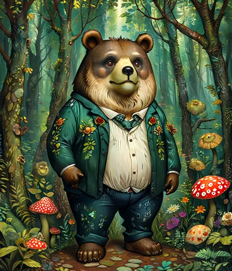 style of julie paschkis, (cute, fat, obese, anthro, male, bear), solo, full body, ((pants, shirt)), dynamic pose, enchanted fore...