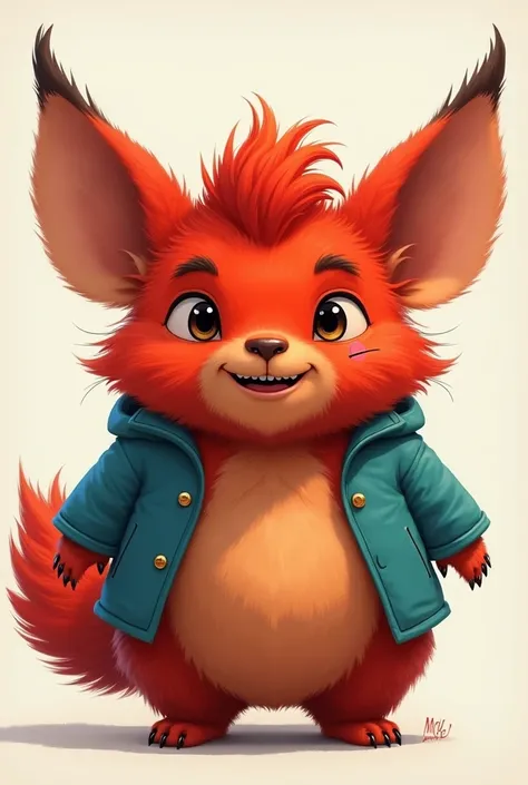 A red furry whith littke big ears and big fluffy tail and a scratch in one of his little cheeks and his pupils are white but eyes are black and hes waring a cyan jacket in school and smiling but has very little craws on his feet and a giant fluff on his fo...