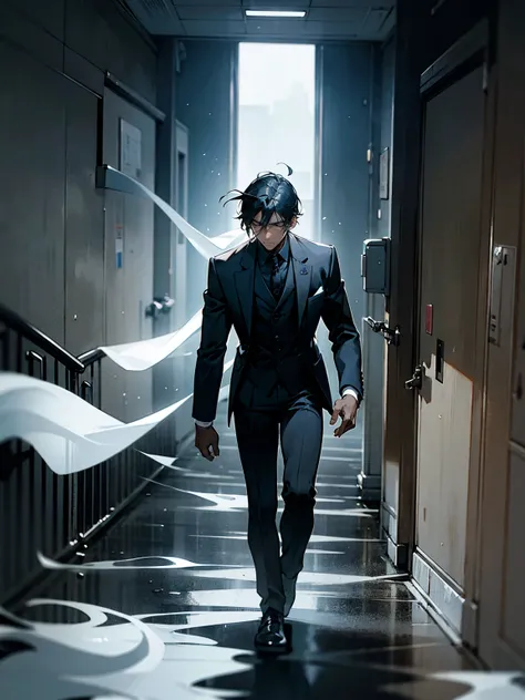 male, black, wearing a black suit, ghost, drifting through the hallways of an abandoned hospital, her sorrow palpable in the air.