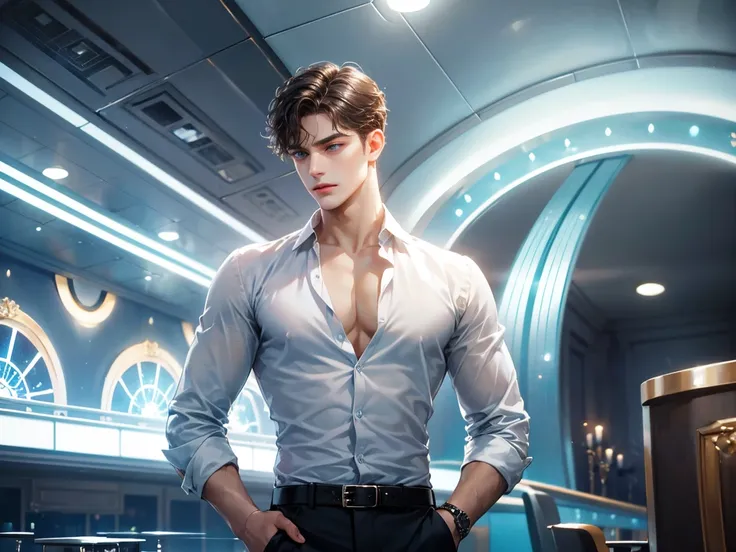 A young man with a sweet face, short dark hair, wavy hair, light blue eyes. He wears a white shirt, deeply buttoned. A handsome young man, sharp eyes, sharp face, sharp hands, proportional body. He is not standing in the center of the picture. The backgrou...