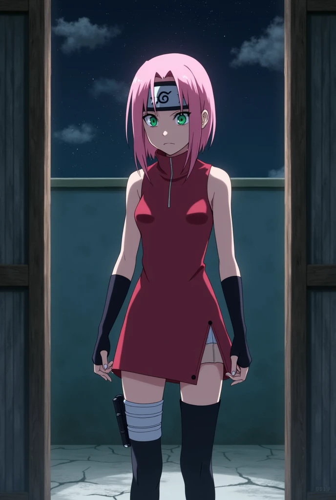 to break, source_anime,
1 girl, Sakura Haruno, adolescent,  small, pink hair, short hair, green eyes, small breasts, forehead protector, beautiful legs, black gloves, Beautiful body, red sleeveless mini dress, short pink mini skirt, boots shinobi, pink elb...