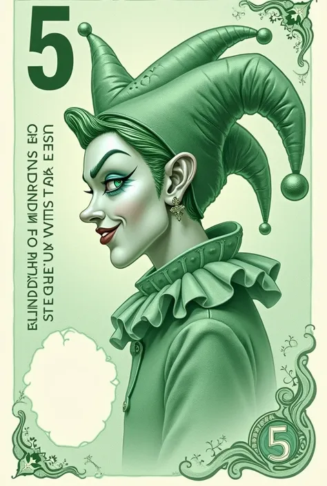 Light green 5 dollar bill with fine and beautiful details with the name of the Kingdom&#39;s bank above and with the image of a jester in profile