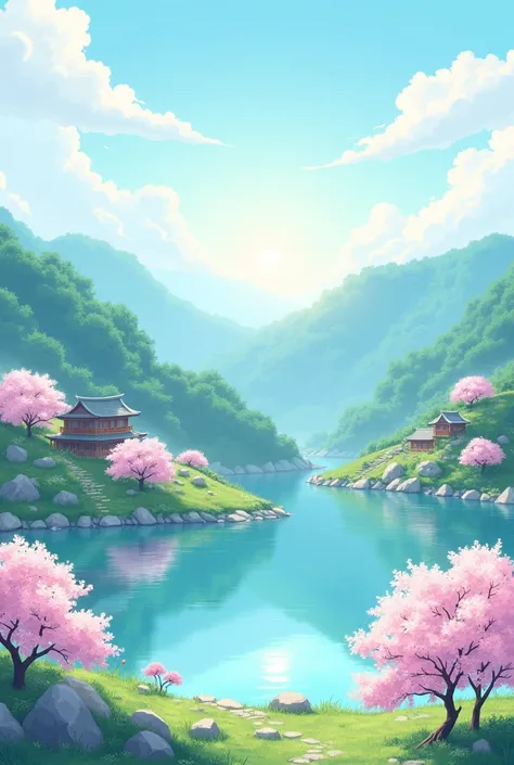 Create an image of a serene anime world featuring a tranquil landscape. Include gentle rolling hills, a crystal-clear lake reflecting the sky, cherry blossom trees in full bloom, and soft, pastel colors. Add a quaint village with traditional wooden houses ...