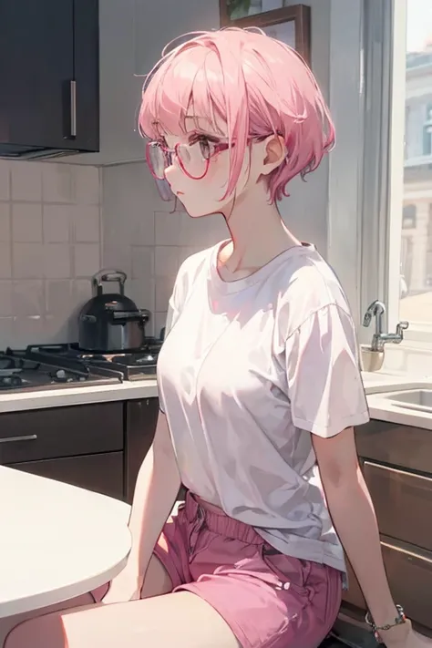 cute girl with short pink hair with bangs, wearing white tshirt and pink shorts, wearing pink glasses, sitting in the kitchen, looking away, realistic, 8k