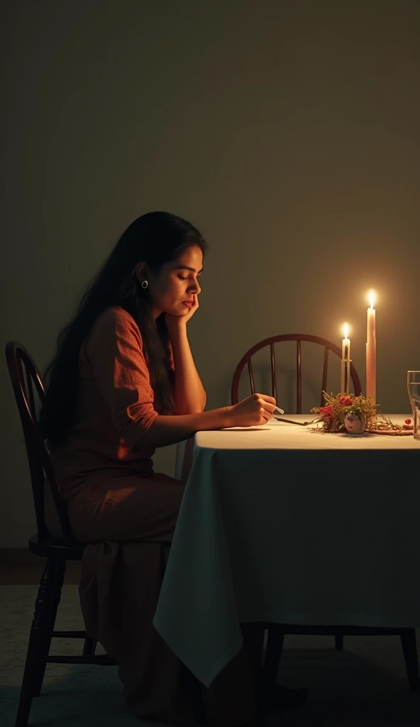 Capture a real Indian girl aged 26-30, sitting alone at a family dinner table, with empty chairs around her. Her expression should convey loneliness yet resilience, showing that she carries her parents’ memories with her. Soft, dim lighting can create a po...