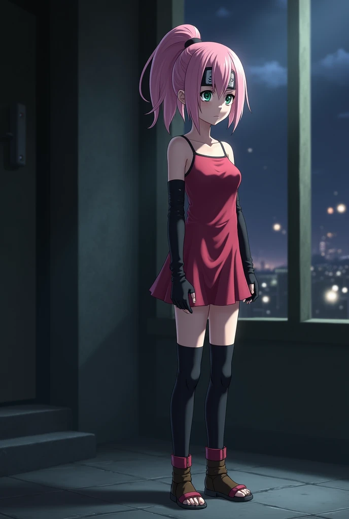 to break, source_anime,
1 girl, Sakura Haruno, adolescent,  small, pink hair, short hair, green eyes, medium breasts, forehead protector, beautiful legs, black gloves, Beautiful body, red sleeveless mini dress, short pink mini skirt, boots shinobi, pink el...