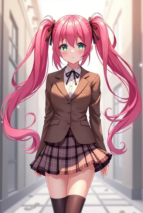 Meet Me-style character girl、Long twin tails and pink hair、Dress code: brown blazer、Checked Skirt、Knee socks
