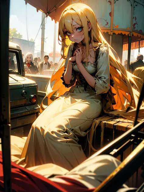 Female, long blonde hair, wearing a vintage dress, zombie, wandering through a broken-down carnival, her mind slowly decaying but still clinging to memories of her past.