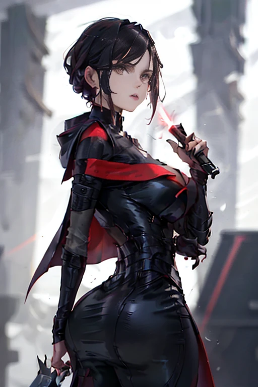 the character in the image appears to be a female figure with a striking and somewhat intimidating presence. she has a slender b...