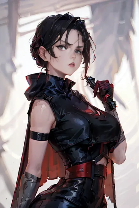 The character in the image appears to be a female figure with a striking and somewhat intimidating presence. She has a slender build and is wearing a dark, form-fitting outfit that seems to be made of a shiny, possibly leather-like material. The outfit inc...