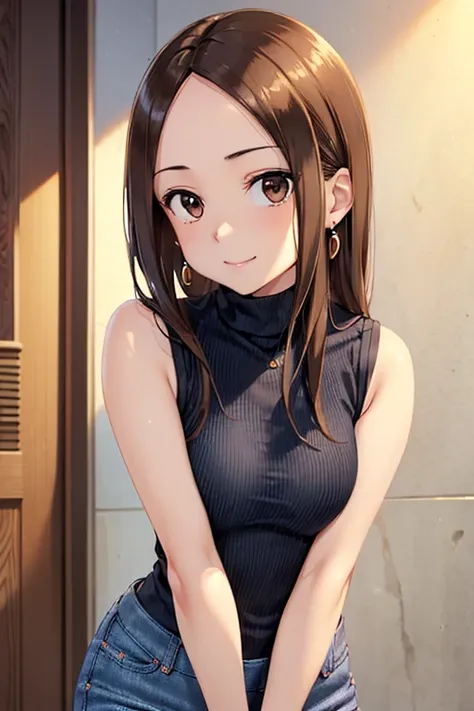 takagi-san、shiny brown hair, long hair,((medium breast、amount、center part:1.2))、 美しいbrown eyes、smile、shining eyes, (fine grain)、...