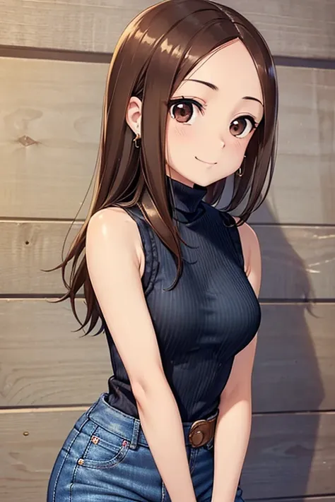 takagi-san、shiny brown hair, long hair,((medium breast、amount、center part:1.2))、 美しいbrown eyes、smile、shining eyes, (fine grain)、...