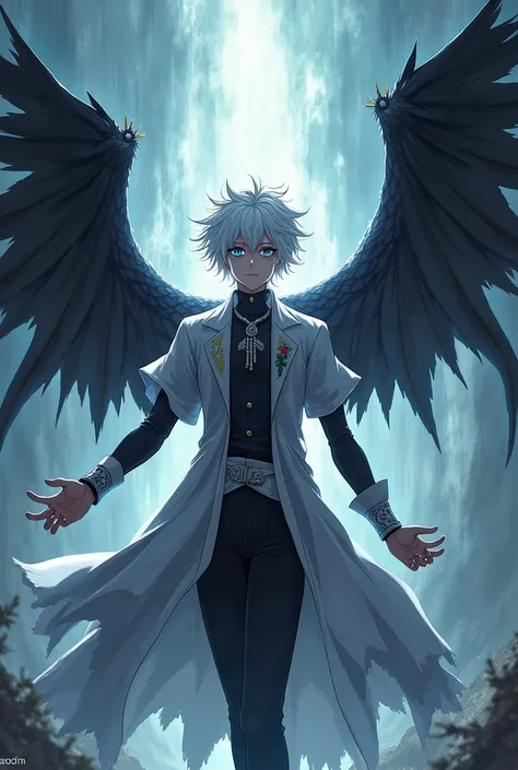 A character based on the anime nanatsu no taizai who has demonic and god powers ,with a resemblance to Meliodas but short white hair with Meliodas&#39; demonic mark on his forehead and the eyes of the goddess clan as well as black and white wings