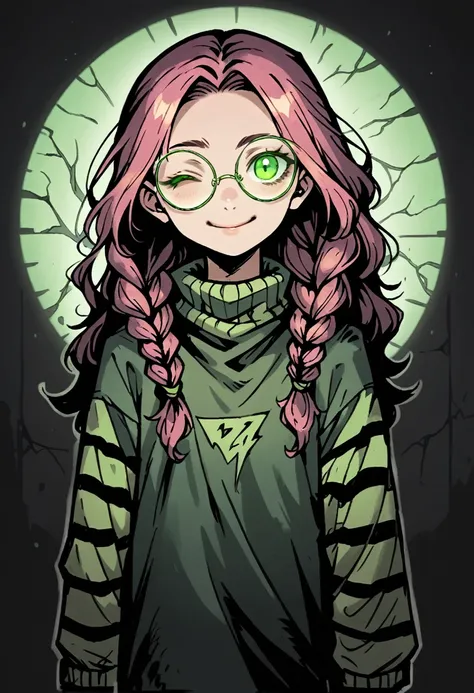 Medium close-up of pale, slender girl, long wavy hair, pink korean hair with braids. Leaves in hair. 20 years old. Oversized round glasses. Detailed green eyes and thick eyebrow. Smiling face expresion, one eye closed, looking directly at the viewer, with ...