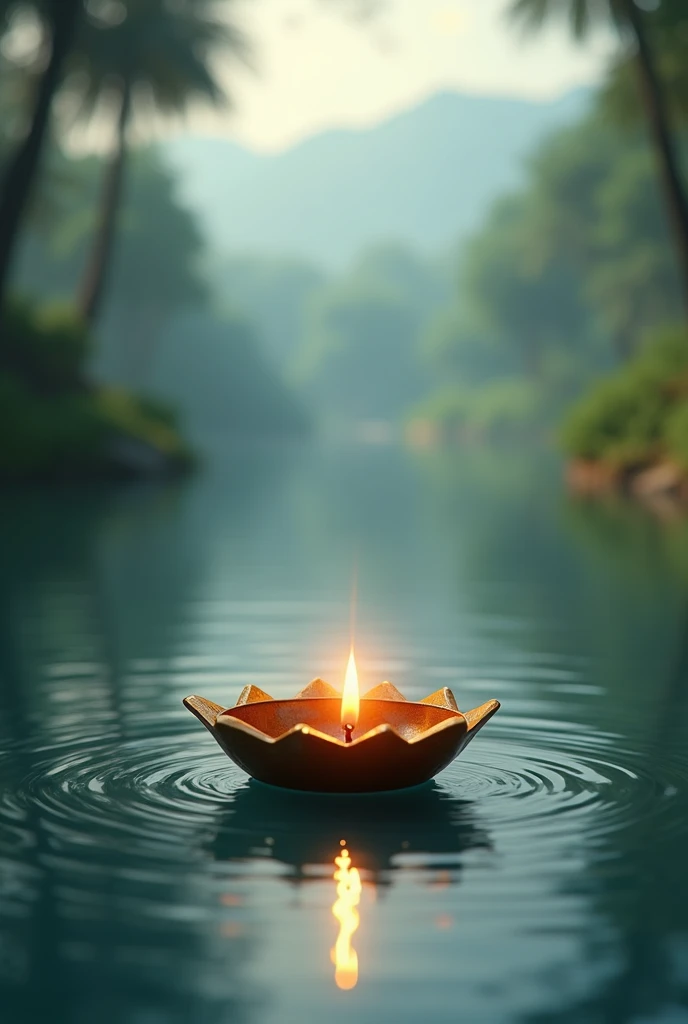 Generate 3d image "A diya (lamp) floating on the river"