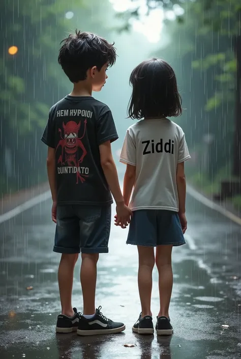 a girl and boy stand on road rain,boy ware a shirt text on her shirt devil,girl were t shirt and text on her t shirt ziddi high light by side