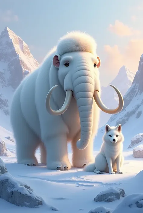 Here’s a modified prompt for your request:

A majestic light-colored mammoth standing proudly in a snow-covered landscape alongside a white fox. The mammoths thick fur glows softly in the cold, reflecting the pale light of the winter sun, while the white f...