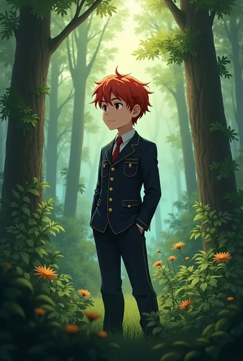 (masterpiece:1.2, Best Quality), forest, A Boy, , Redhead, uniform, thought