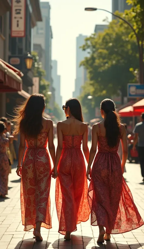 Three beautiful Indonesian women with proportional figures walking gracefully together down a city street, wearing elegant and traditional batik dresses that flow with their movement. The sunlight casts a warm glow, highlighting their smooth skin and radia...