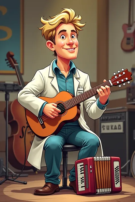 Cartoon drawing of a doctor, with a lab coat with the name Dr Fabiano Veras,  30 years, short dark blonde hair, in a music studio playing guitar (rock) and with an accordion at his feet 