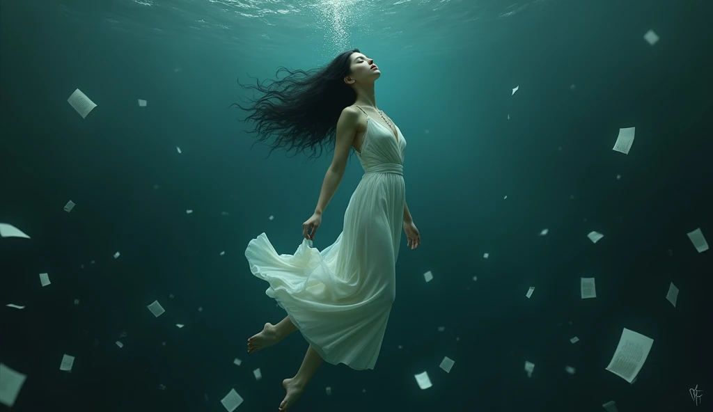 Fantasy image and more than wonderful details of a woman drowned underwater at the bottom of the sea ,She is going down with her hands up and she is unconscious, as if she is in a free fall, her hair is black and her eyes are closed, air bubbles are coming...