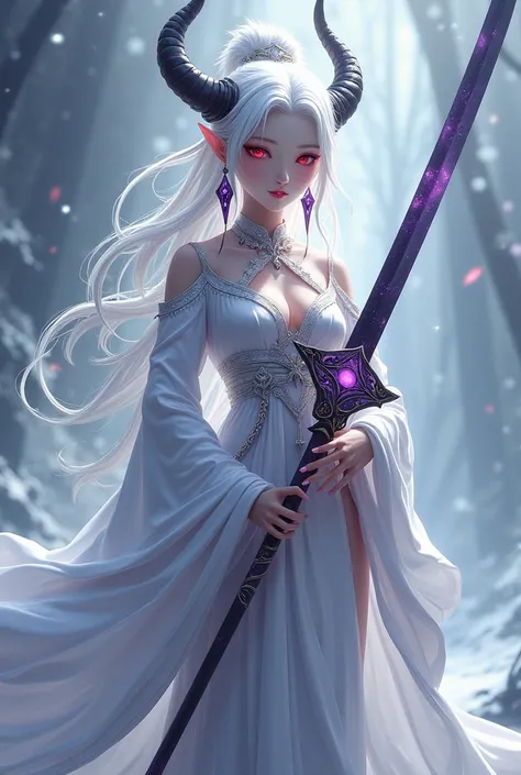 A beautiful young woman, a demon lord and a warrior, white hair, red eyes, skin as white as snow, wearing an ancient Chinese costume, with dragon horns, black and red outfit, a demon god, a personality as cold as ice, looks confident and has high pride, lo...