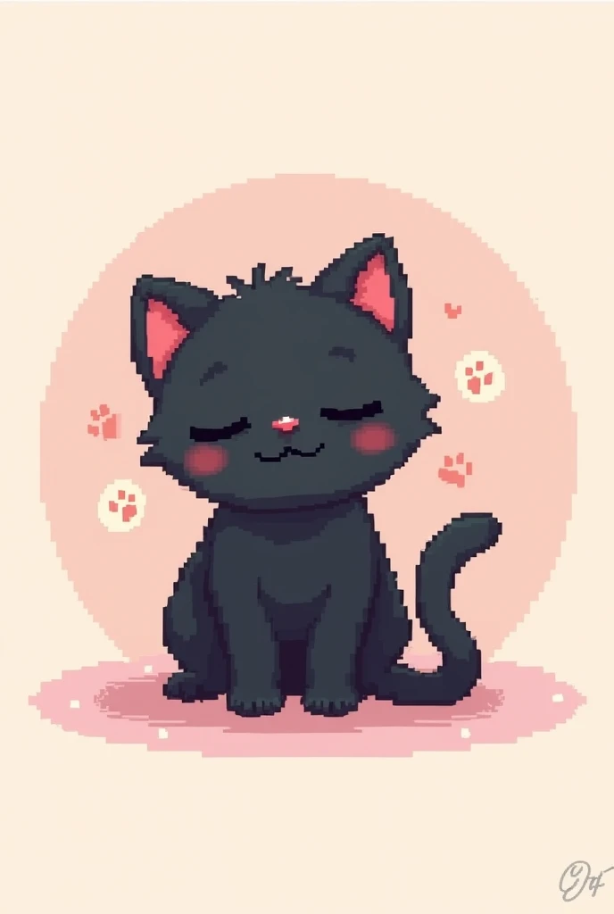 Pixel art logo, featuring a serene black kitten, eyes closed in a peaceful expression, delicate soft curves detailed with tiny pixelated textures, playful cat paw prints trailing around, varying shades of black and gray for depth, simple yet warm design ca...