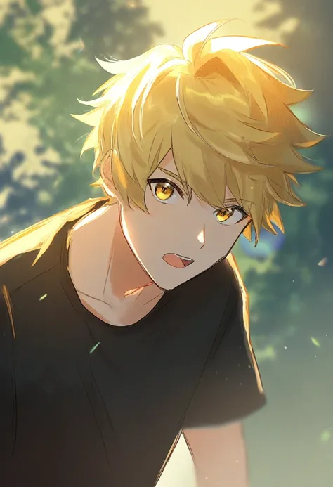 very aesthetic, amazing quality, outdoors, upper body, 1boy, male focus, lens flare, solo, looking at viewer, open mouth, Yellow hair, golden eyes, black pants, black t-shirt, {{Yellow hair, golden eyes, black pants, black t-shirt}}, best quality, amazing ...