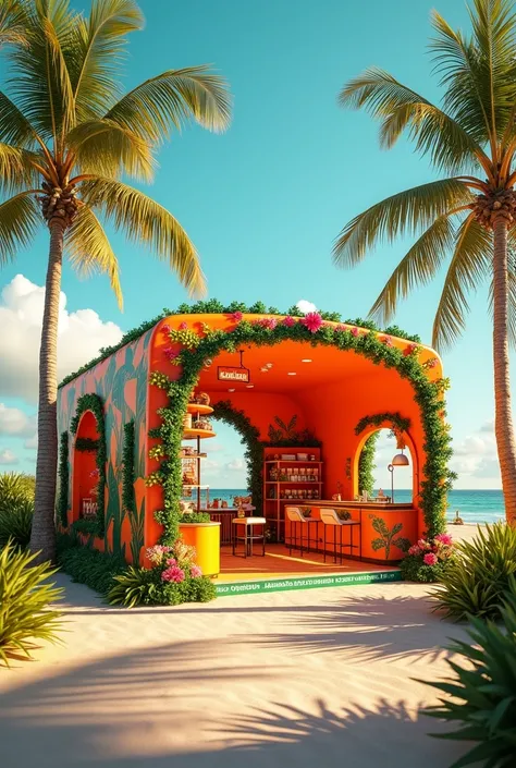 POP-UP of a Brazilian eyewear brand, with a vibrant, Latin design, totally inspired by the carioca lifestyle. The structure is assembled in an external area, like a beach or boardwalk, surrounded by coconut trees and bathed in sunlight. The brand is called...