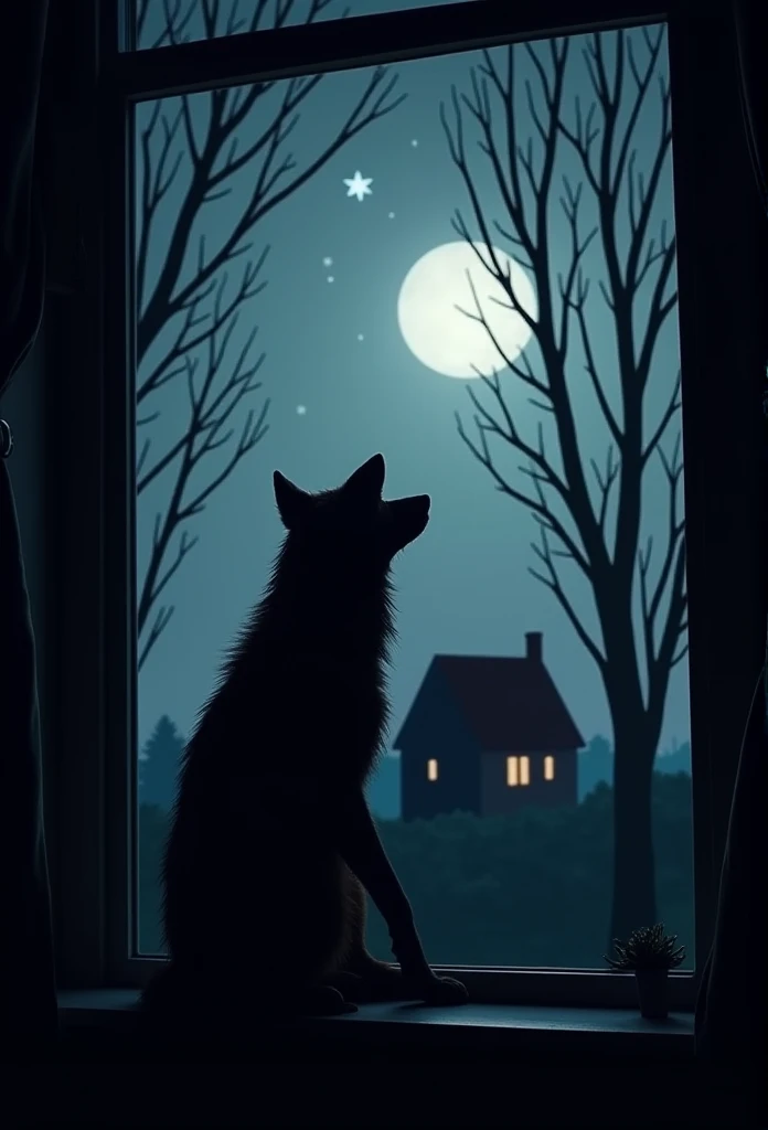 Nuit, ciel sombre, pleine lune, star, maison au centre, arbres, horreur, Silhouette through the window, style stranger things, Werewolf Head in the Sky