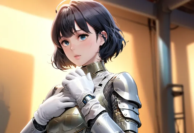 Short white hair with bangs, intricate metal and fabric armor, Form-fitting figure with detailed patterns and textures, armored gloves, standing posture, look forward, Soft and clear skin, indoor environment with industrial machinery and dim lighting, domi...