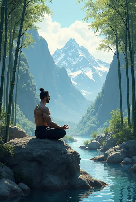   landscape , mountains with snow in the background ,  a path in the middle of bamboo canes ,A muscular samurai warrior with squinted eyes , sitting cross-legged meditating on top of a rock , in front of a river 