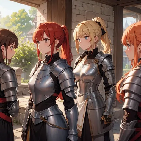 A group of beautiful and female knights, several girls, light armor, beautiful women, red hair, blonde hair,hair tied in ponytail , brown hair