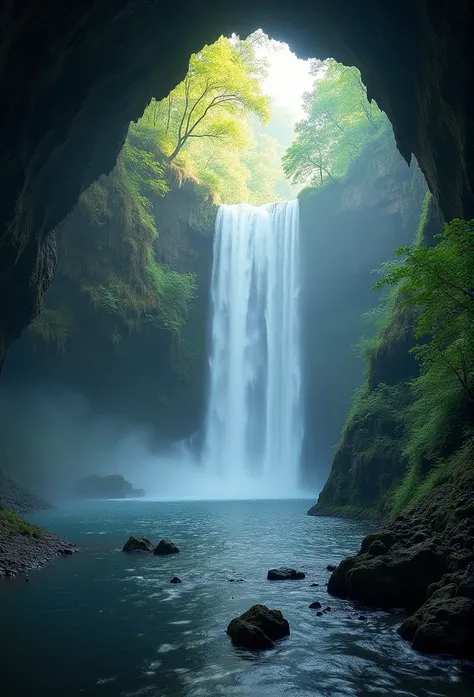 waterfall flowing into a cave with a large waterfall in the background, solitude under a waterfall, waterfall cave, breathtaking shot, peaceful beautiful waterfall, under a waterfall, breath taking, cave with waterfall, mystical forest lagoon, ethereal cur...