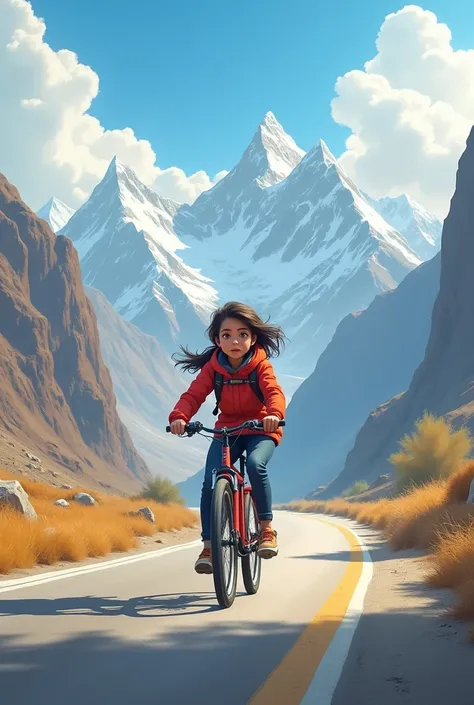 One girl is a bike riding in a wonderful ladak road.
